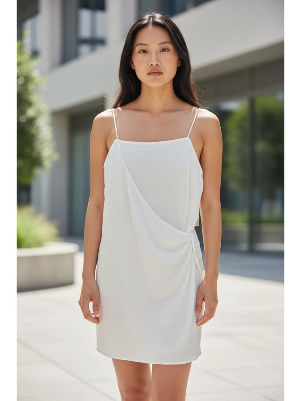 BP. White Sleeveless Draped Mini Dress With Adjustable Spaghetti Straps - Size M